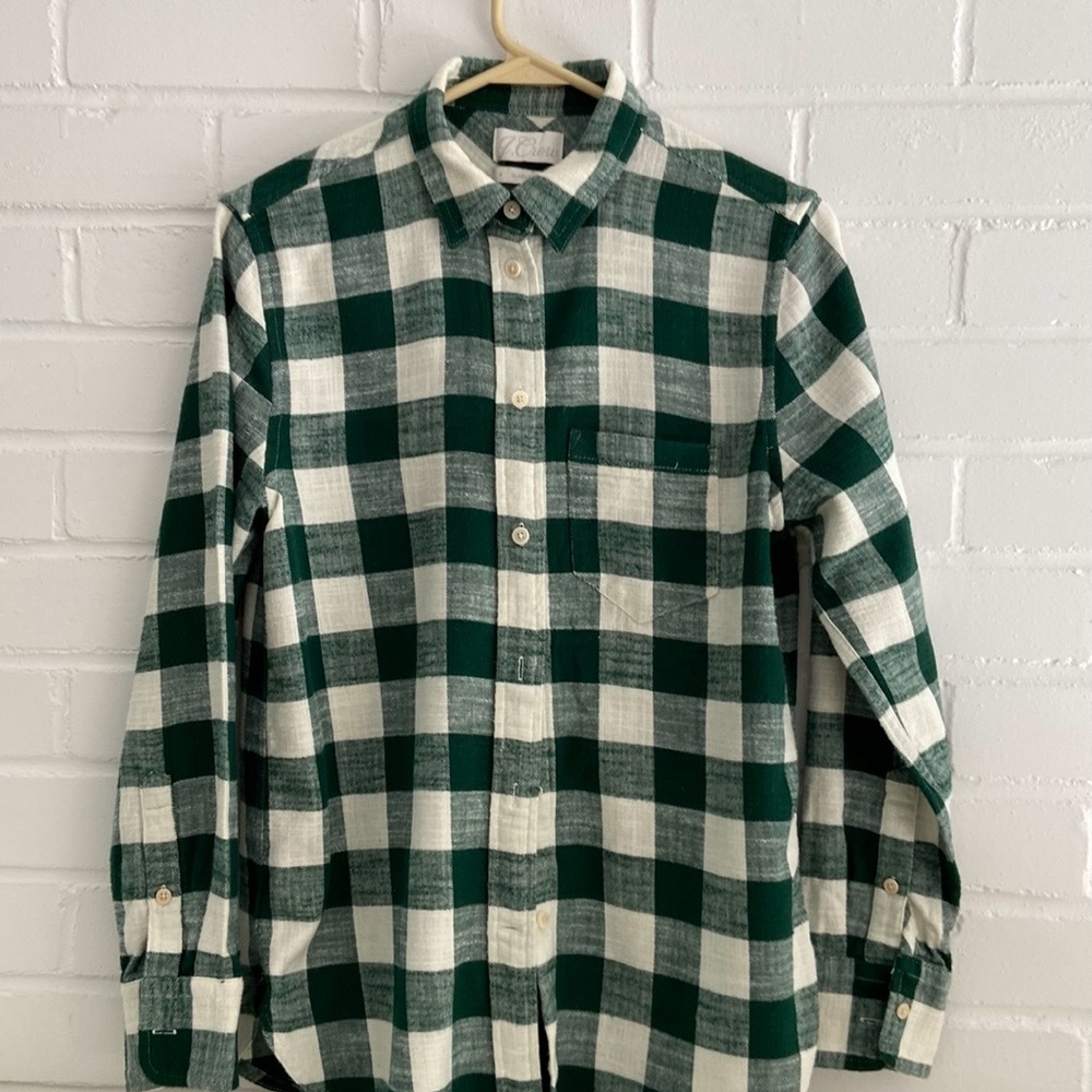 Girls Womens J. Crew Classic Green Cream Check Lumberjack Flannel Shirt Size 4